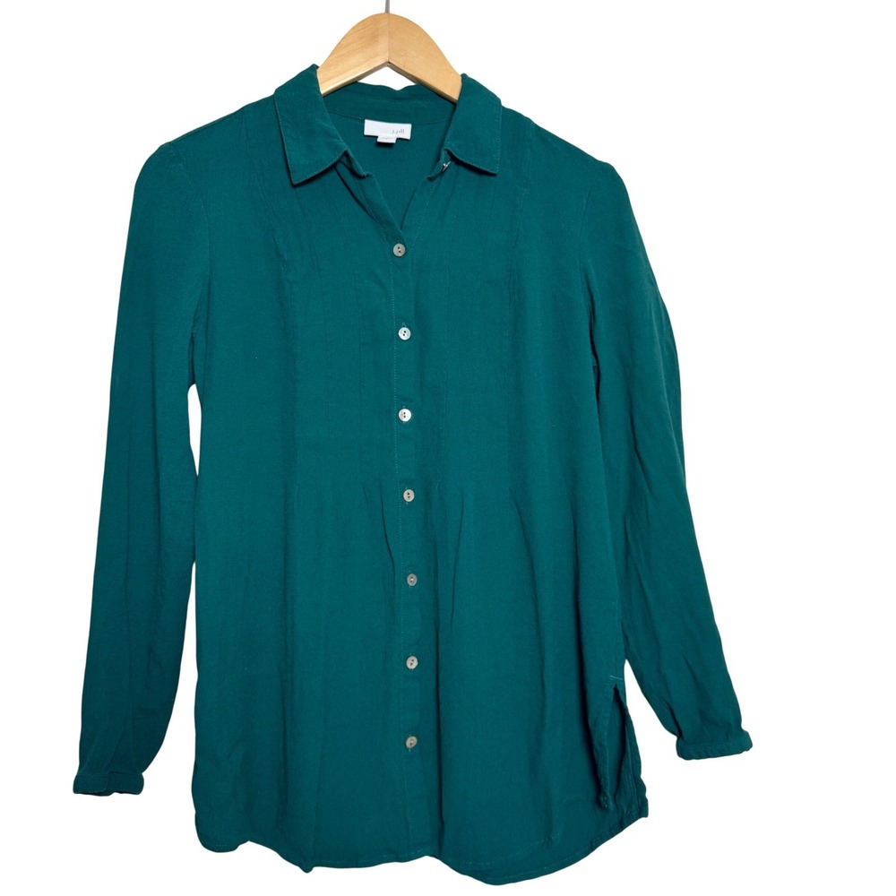 J Jill Womens Shirt Small Emerald Green Button Up Top Blouse Split Hem‎